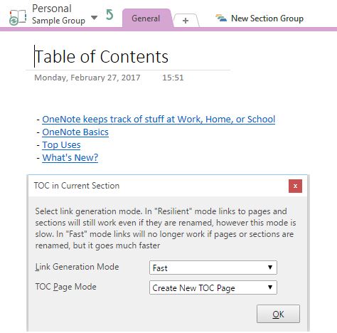 OneNote Macro Table of Contents