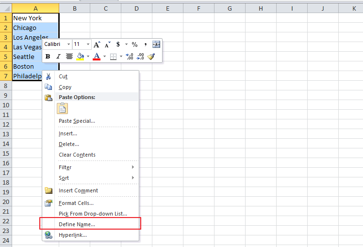 excel drop down list